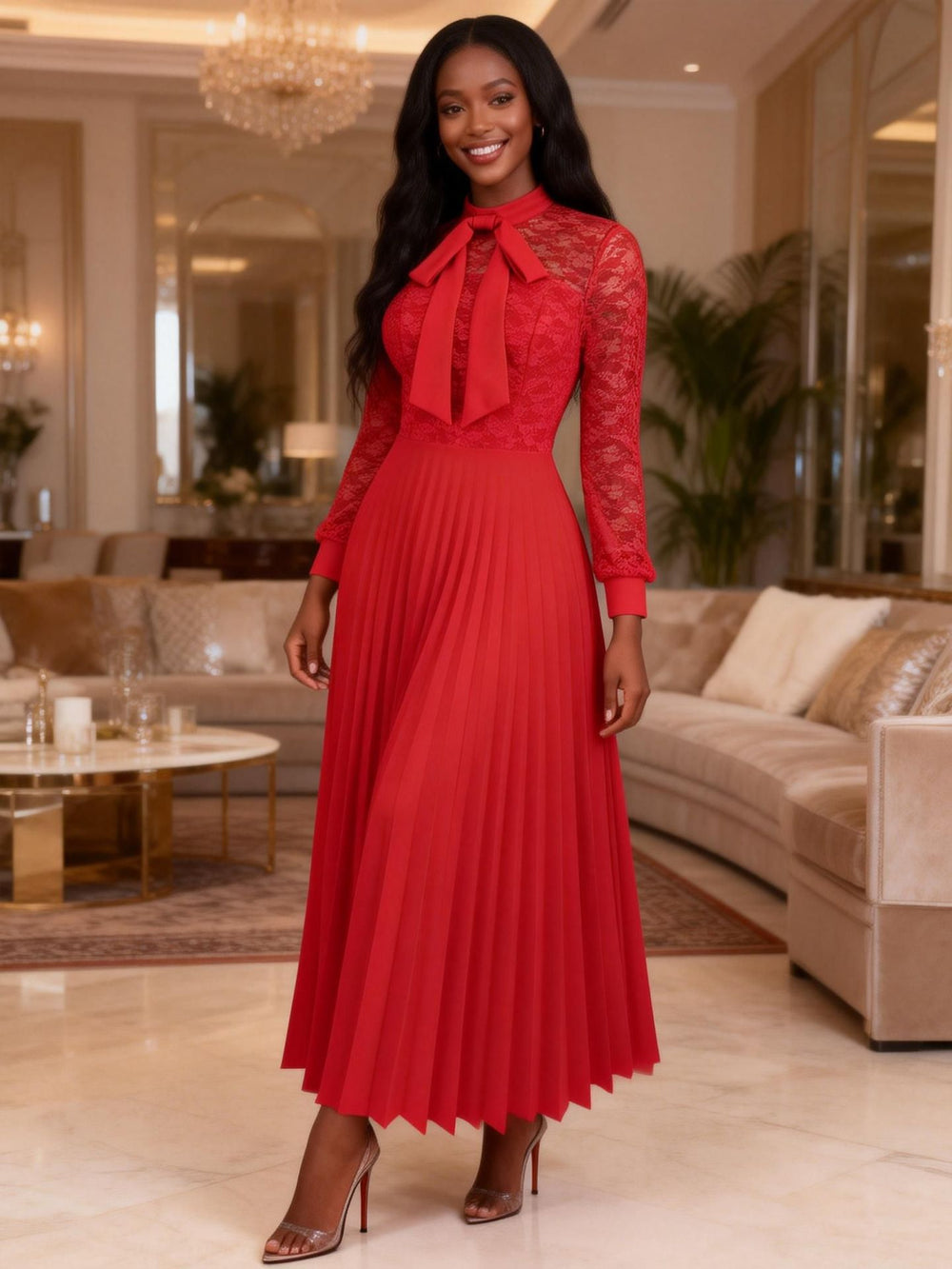 elegancebowslacesee-through long sleevesdress waist a-line pleated party evening dress dress