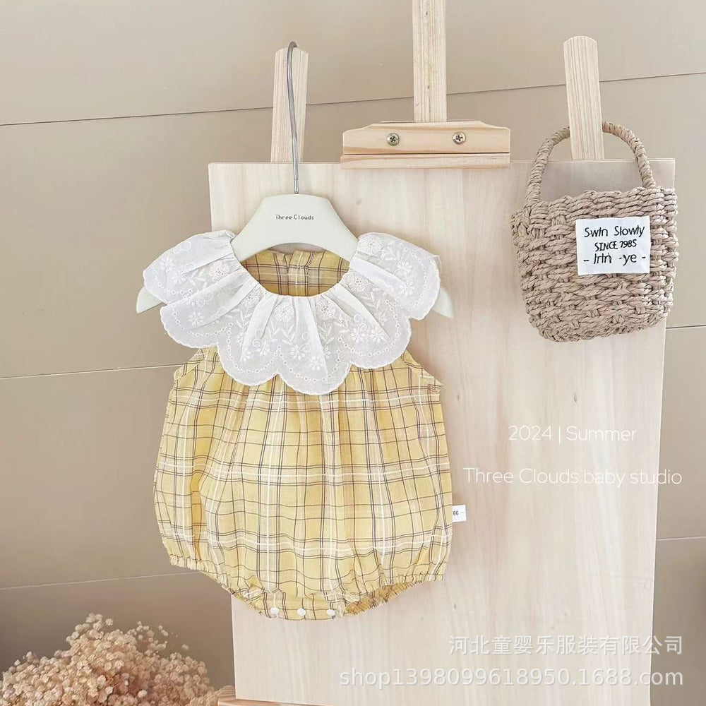 Summer lightweight baby clothes for girls: sweet and stylish plaid triangle romper, sleeveless bodysuit, crawling suit