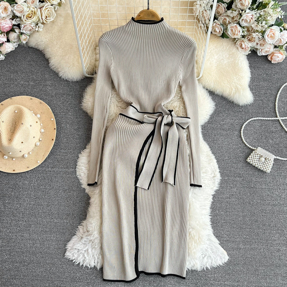 Fall and winter korean chiccontrast colorlong sleeves stand collar waist slimming look medium longtie back hip-covering bottom knittingdress