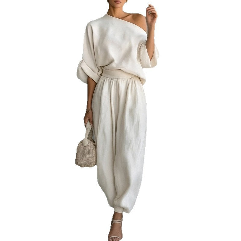 european and american cross-border women's summer outfit set: new casual loose off-shoulder top and wide-leg lantern pants two-piece set