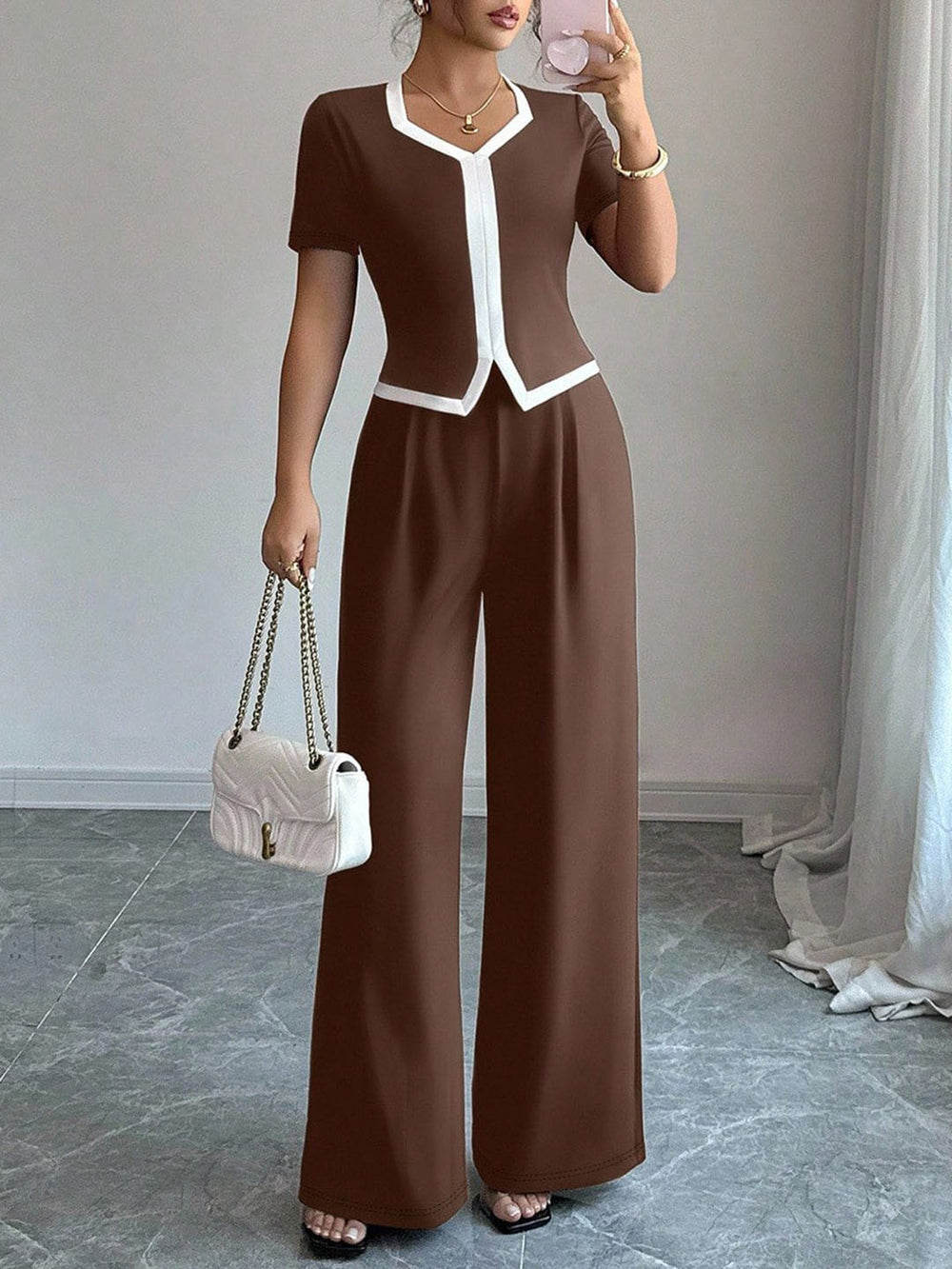 fashionsummernew arrivalcontrast colorv neck short-sleeved topsloose pantssuitwork clothingeleganttwo-piece set