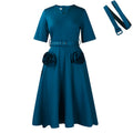D576 women's foreign trade summer  new fashion v-neck elegant short sleeve cinched waist a-line dress plus size european and american style dress