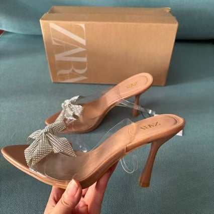2024 new export square toe stiletto heel sandals with bow and rhinestone detail, plus size, open back, wholesale for women (wish)