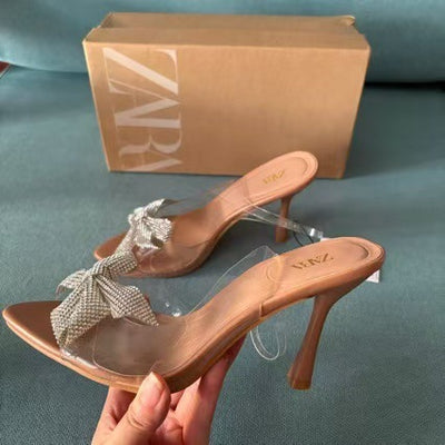 2024 new export square toe stiletto heel sandals with bow and rhinestone detail, plus size, open back, wholesale for women (wish)