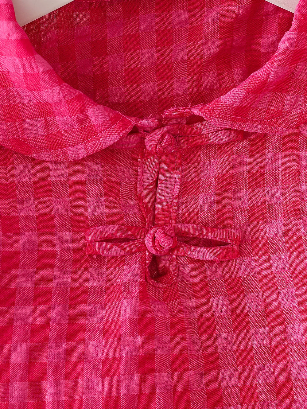 Summer girls' short skirt set - peach pink plaid, peter pan collar, chinese knot button top, and tiered skirt two-piece outfit