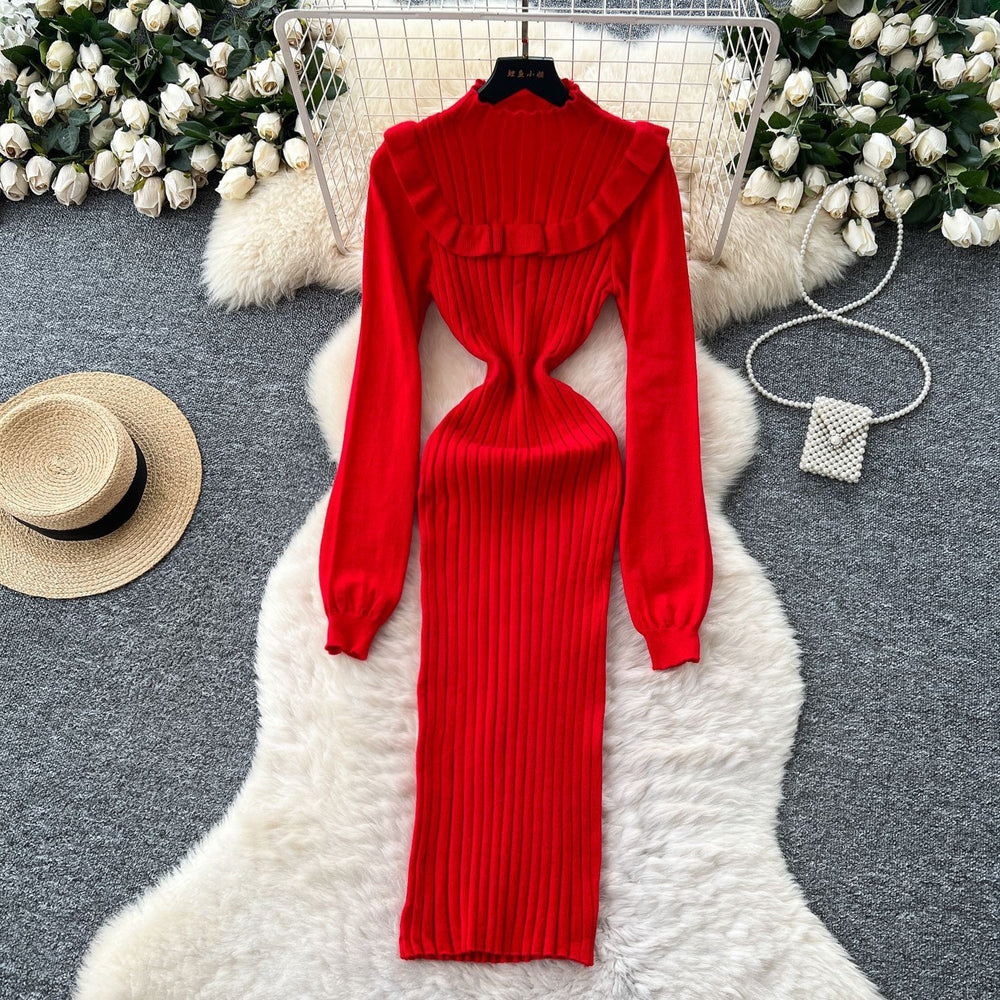 Frenchniche styleclassy sense of wood ear patchworklong sleevesknittingdress women's autumslimslimming look hip wrap long skirt