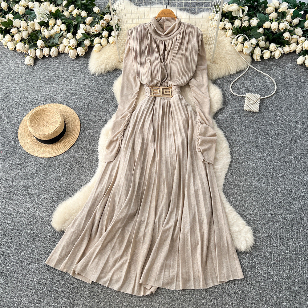 high-end v neck pleated long sleeves waist dress women's slimming look a-line long skirt work clothingelegant large swing long skirt