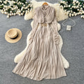 high-end v neck pleated long sleeves waist dress women's slimming look a-line long skirt work clothingelegant large swing long skirt