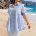 e-commerce   new summer collection: elegant, loose-fitting, casual short-sleeved striped shirt with a turn-down collar