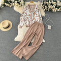 Trendy and chic two-piece set for women: autumn print long sleeve knit cardigan top and high-waisted straight-leg pants