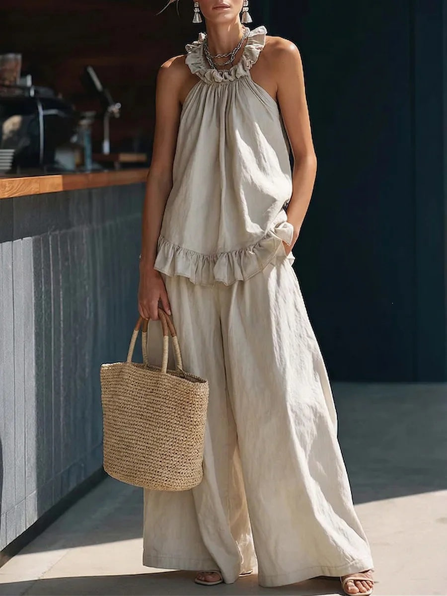 european and american  spring/summer new arrival: halter top cotton linen retro high-waisted loose casual set for women