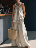 european and american  spring/summer new arrival: halter top cotton linen retro high-waisted loose casual set for women