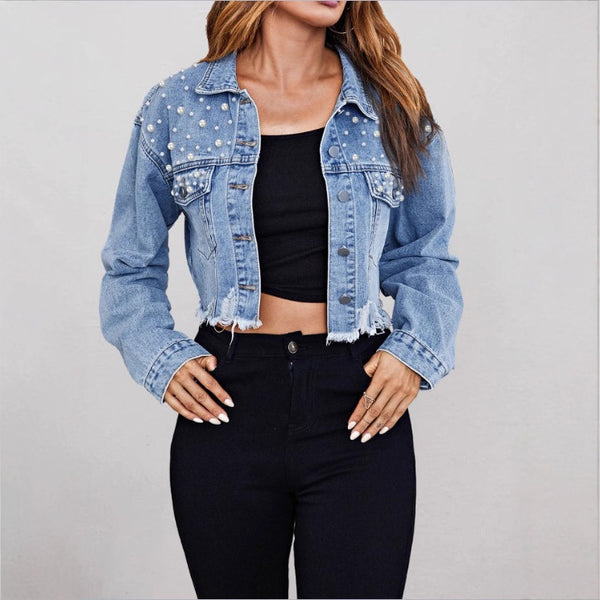 ZZ25013 European and American  new women's denim jacket truncated long-sleeved personalized street style beads holes