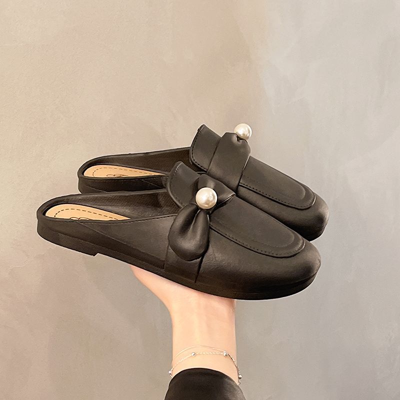 2025 summer new pearl-embellished mule slippers for women, round toe slip-ons, wholesale casual shoes