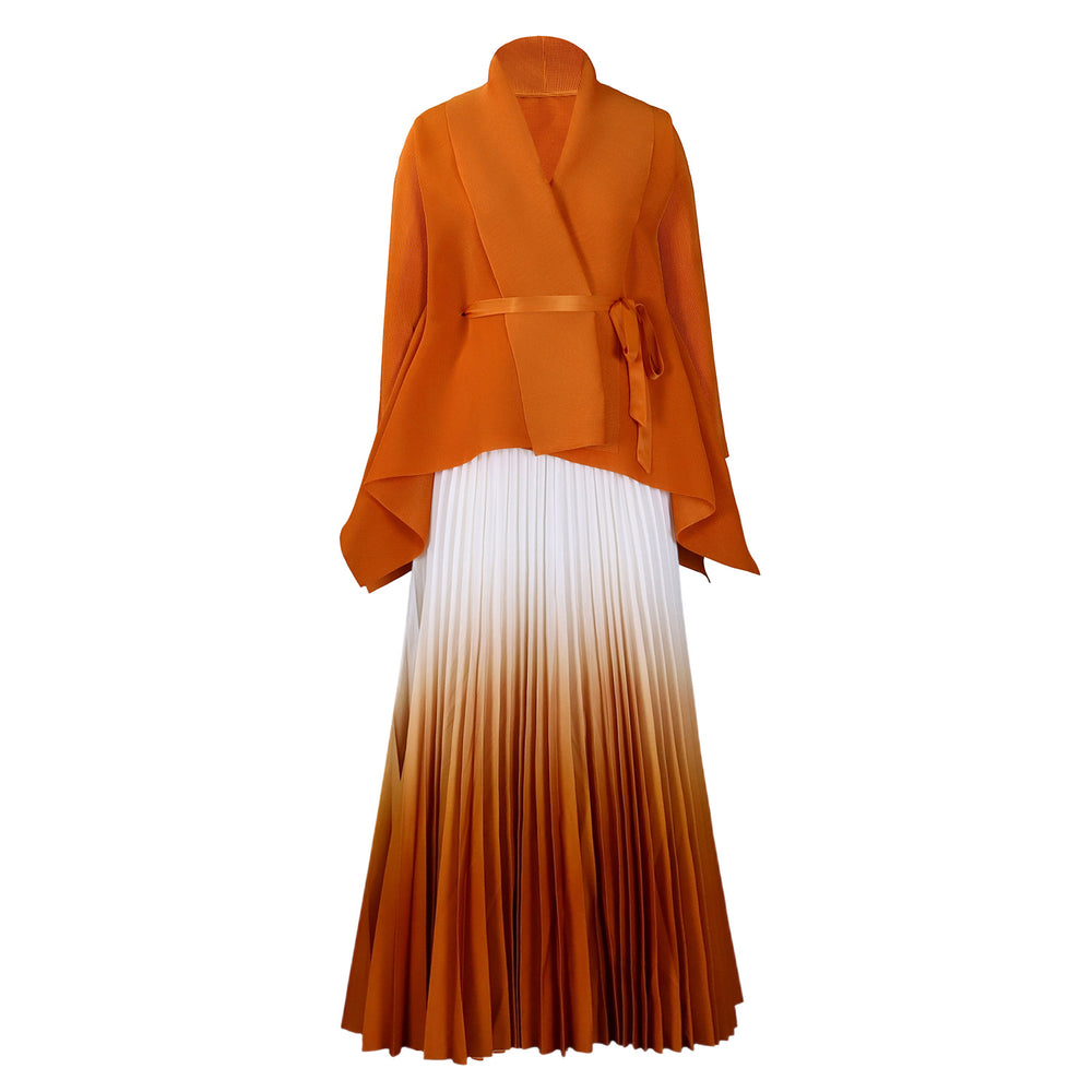Q120 new  fashion pleated minimalist solid color top and gradient flared skirt two-piece set