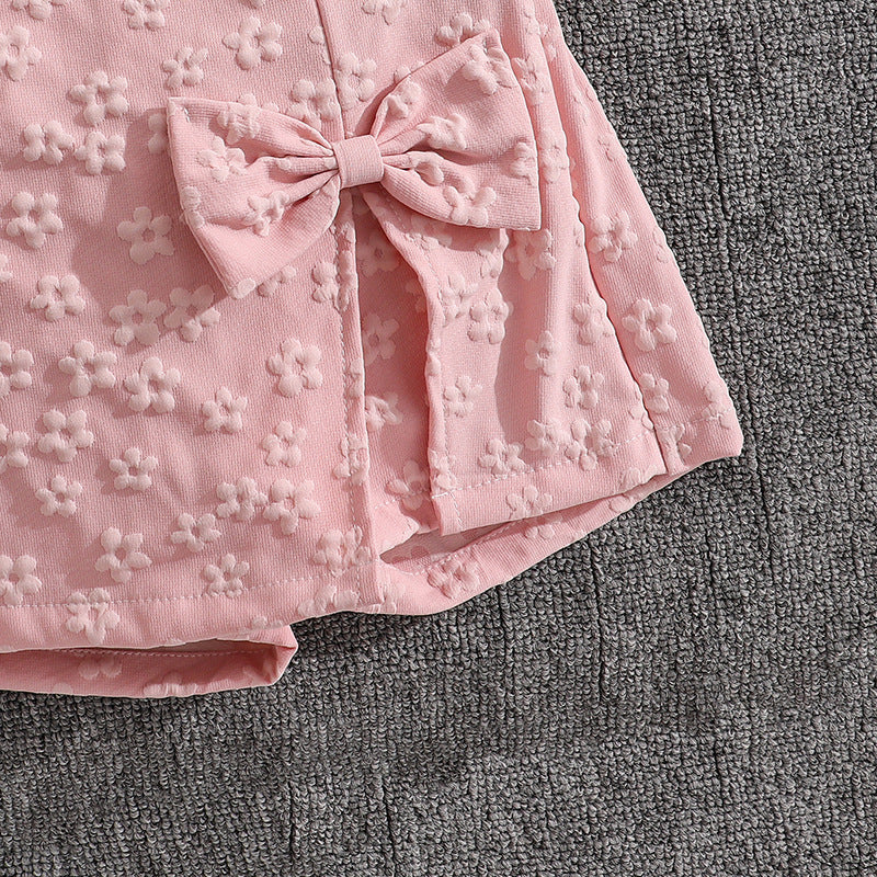 spring/summer new arrival: cross-border girls' fashion one-shoulder camisole top with sweet jacquard bow skirt pants set