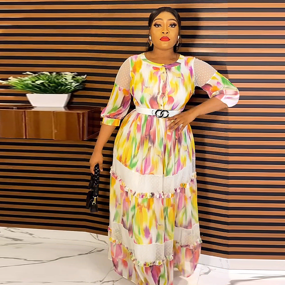 new cross-border spring/summer european and american style floral dress, african  fashion long printed dress