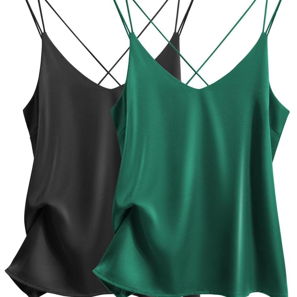 2 pack women's satin camisole v neck cross back sleeves