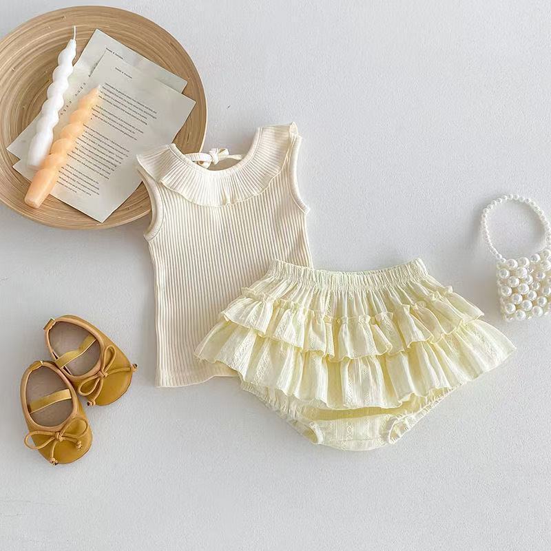 K-style vest sleeveless baby lotus leaf style tops baby princess two-piece set thin summer bag butt suit trendy