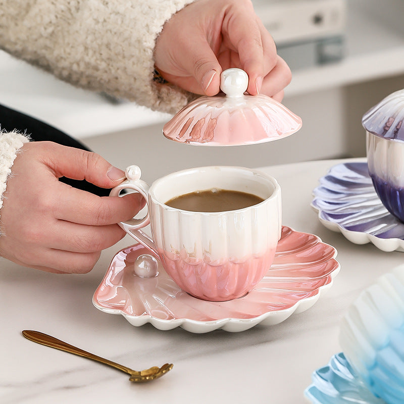 Instagrammable, high-style, creative fairy tear pearl shell ceramic coffee cup and saucer set - premium home drinkware
