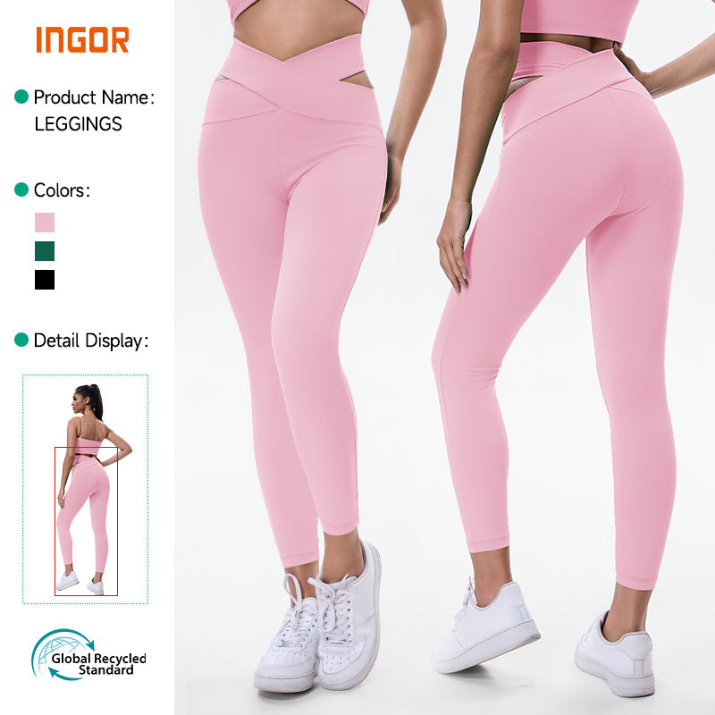 Eco-friendly polyester yoga pants for women - butt lifting, cropped length, crossover design - yoga apparel, pilates, and fitness leggings set