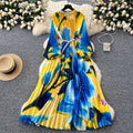 European and american high-end elegant women's fashion beaded round neck hollow-out pleated lantern sleeve cinched waist printed maxi dress