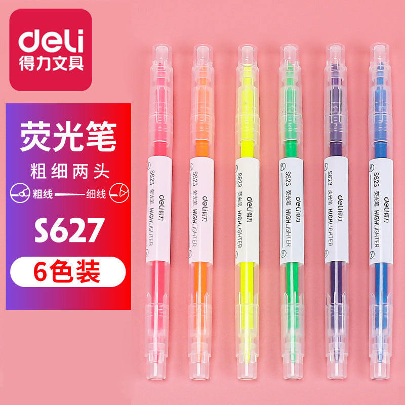 Deli Double Head Highlighter S627 Student Marker Pen 6-Color Marker Color Marker Weight Writing Pen Stationery