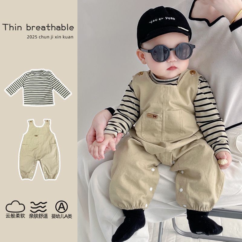Baby clothes spring/autumn striped overalls outfit stylish romper two-piece set for baby boys and girls