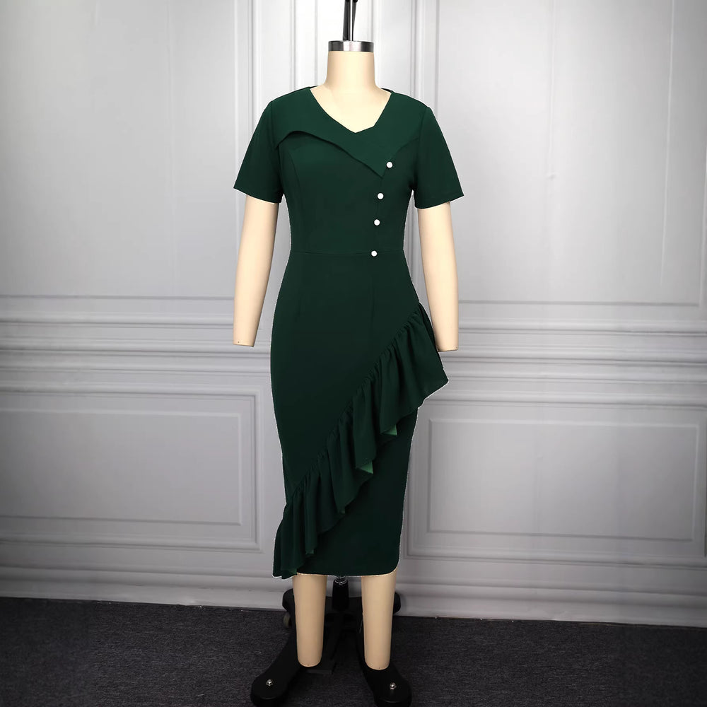 elegancerufflesdress asymmetrical diagonal buttoned waist bag hip elegantwork clothing banquet dress