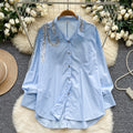 Stylish and versatile heavy sequin embroidered lapel long sleeve single-breasted blouse - women's autumn  loose fit slimming top