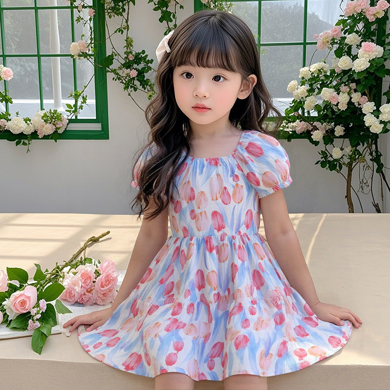 Girls' summer floral dress - trendy bubble sleeve sundress for kids - stylish cartoon print dress