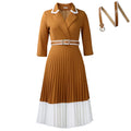 D3352 cross-border supply  autumn and winter european and american women's clothing pure color long sleeves color matching pleated a-line skirt foreign trade dress