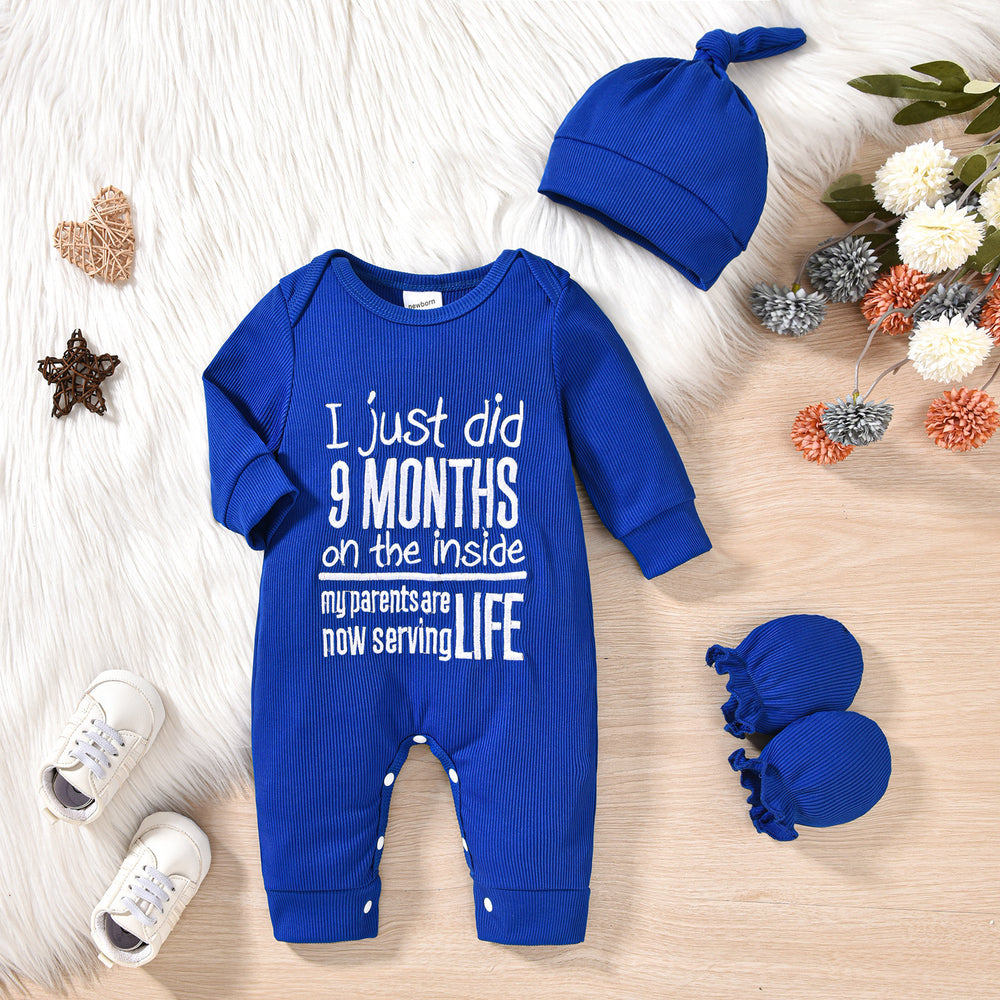 Baby boy letter print romper hat and glove set