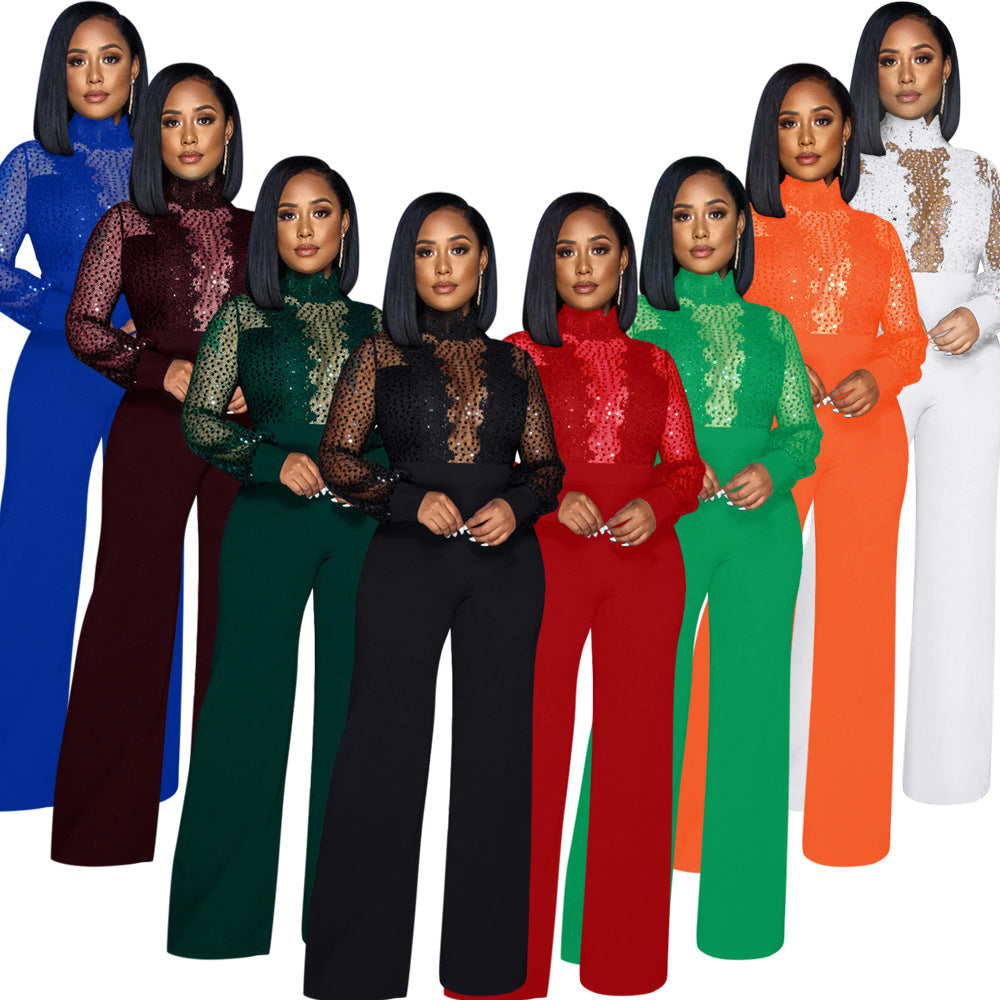 CY900106 European and American wish party style turtleneck sequined lace perspective long-sleeved top, loose jumpsuit women