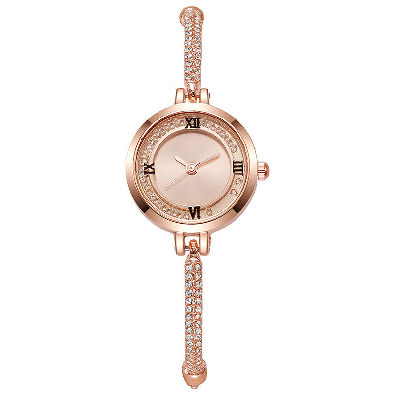 girls watch with small diamonds round preppy style elegant dial decoration lazy pull-out small bracelet women's watch
