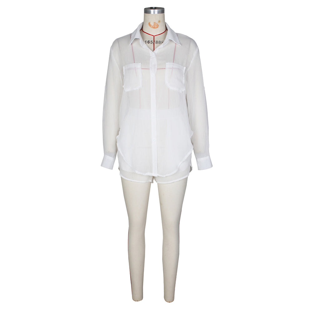 european and american women's sexy solid color see-through long sleeve shirt and shorts casual set