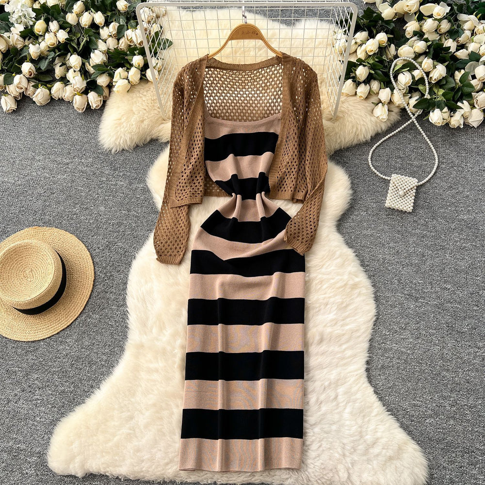 Striped knit cami dress + crochet openwork sun protection cardigan set - chic & elegant summer outfit for women