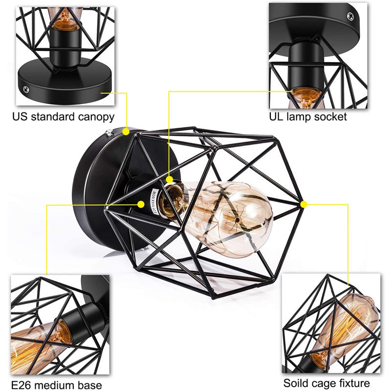 Industrial style black geometric diamond iron ceiling light - retro balcony, hallway, entryway, bubble tea shop, restaurant creative lighting