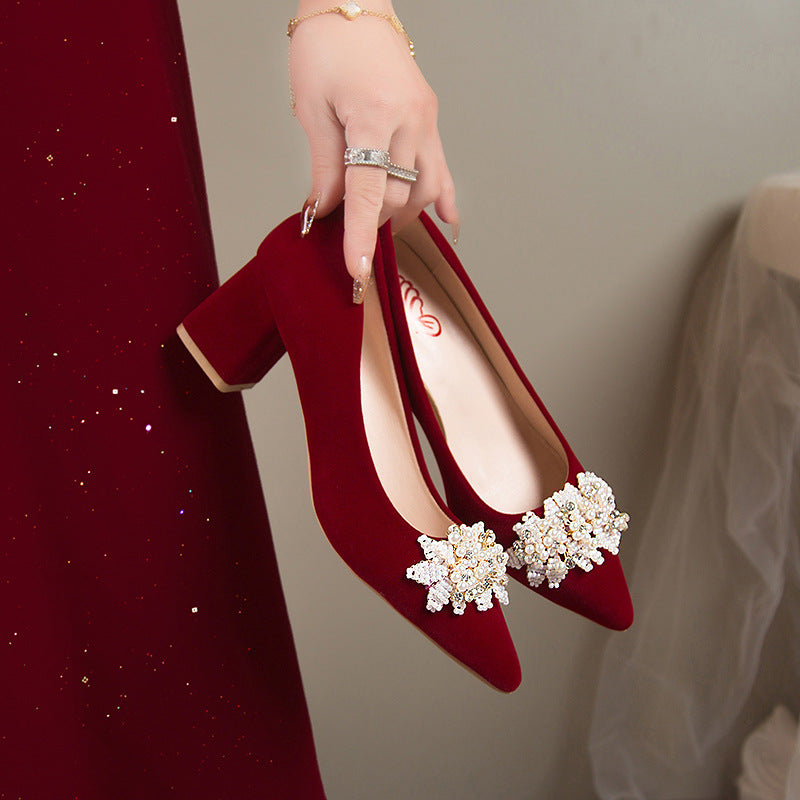 Red xiuhe wedding shoes, beaded flower bridal shoes, non-tiring feet, classy chinese style, pregnant women, engagement and toast, high thick heels