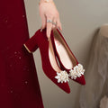 Red xiuhe wedding shoes, beaded flower bridal shoes, non-tiring feet, classy chinese style, pregnant women, engagement and toast, high thick heels