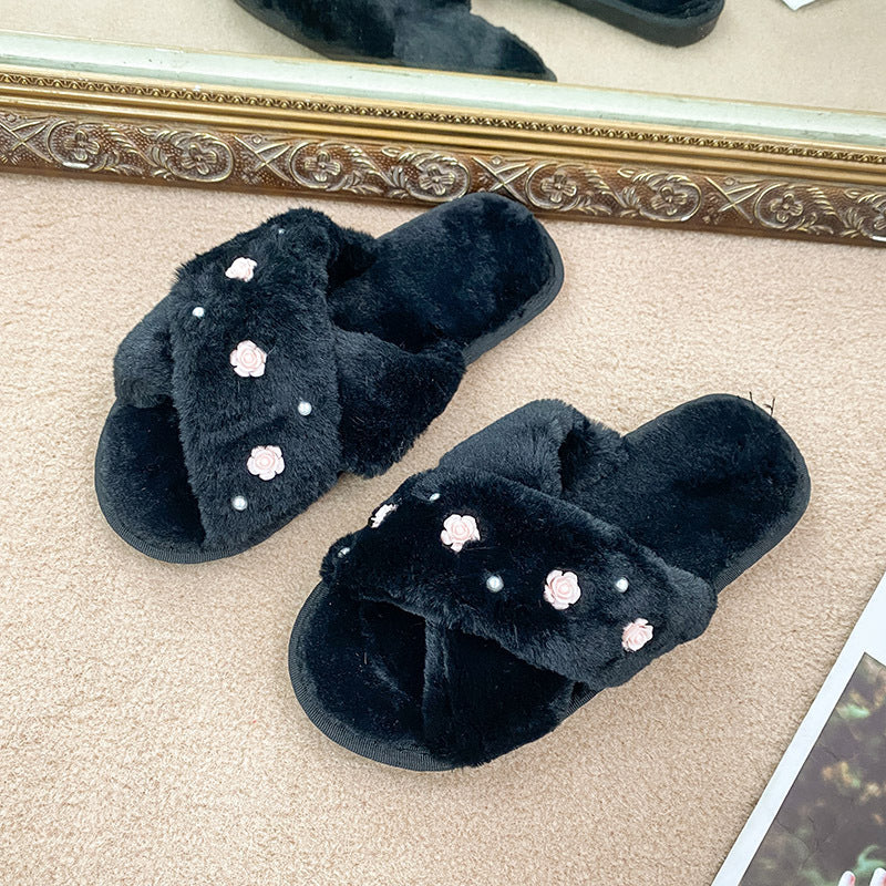 2024 new korean style floral plush slippers for women, autumn/winter home indoor flat pearl cross wooden floor fuzzy slippers