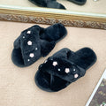 2024 new korean style floral plush slippers for women, autumn/winter home indoor flat pearl cross wooden floor fuzzy slippers