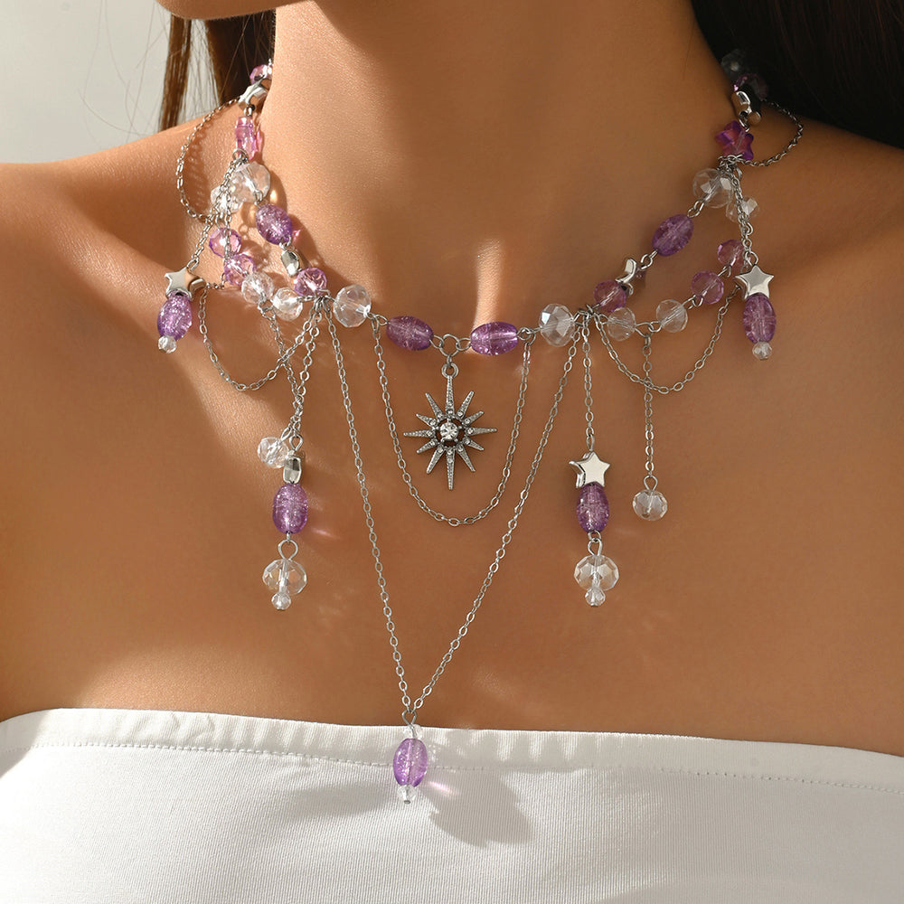 European and american cross-border purple fairy style tassel sun pendant necklace women's retro french layered necklace