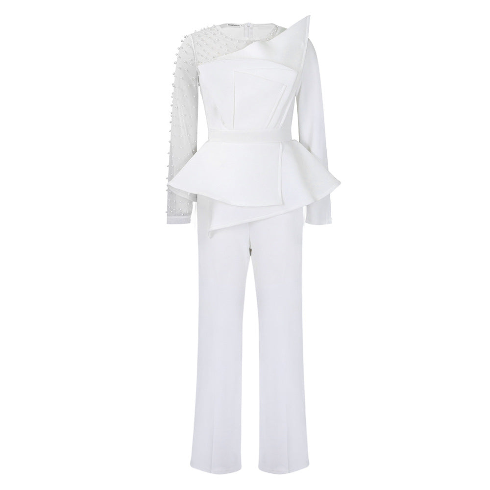 European and american style women's fashion jumpsuit: new arrivals, trendy mesh paneling, beaded detailing, cinched waist, slimming fit, plus size available, cross-border e-commerce