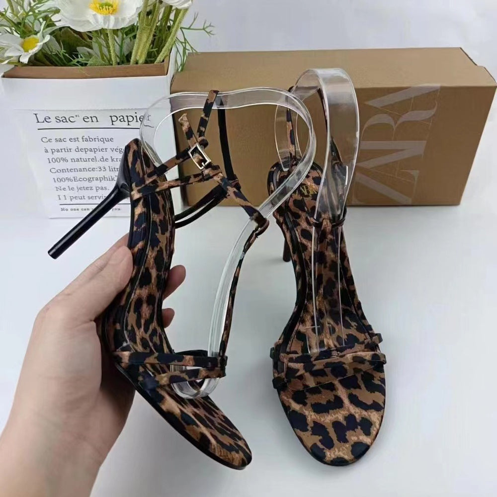Za2024 new leopard print high heels - elegant single strap stiletto open toe women's shoes - leopard print printed high heel fashion footwear