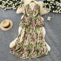 French retro v-neck lantern sleeve cinched waist dress -  new fashionable, elegant, slimming, and chic printed maxi dress