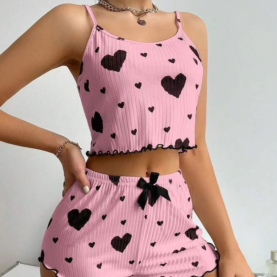 European and american style women's two-piece ribbed knit pajama set with heart print, camisole, and bowknot shorts