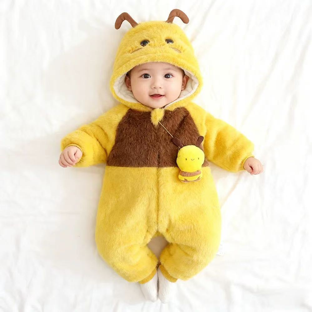Winter unisex baby rompers - thickened, warm, fleece-lined, super cute bee design - winter outfit
