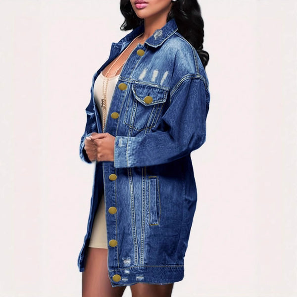 TC90411 #European and American   women's wear-out breasted long-sleeved jacket denim jacket