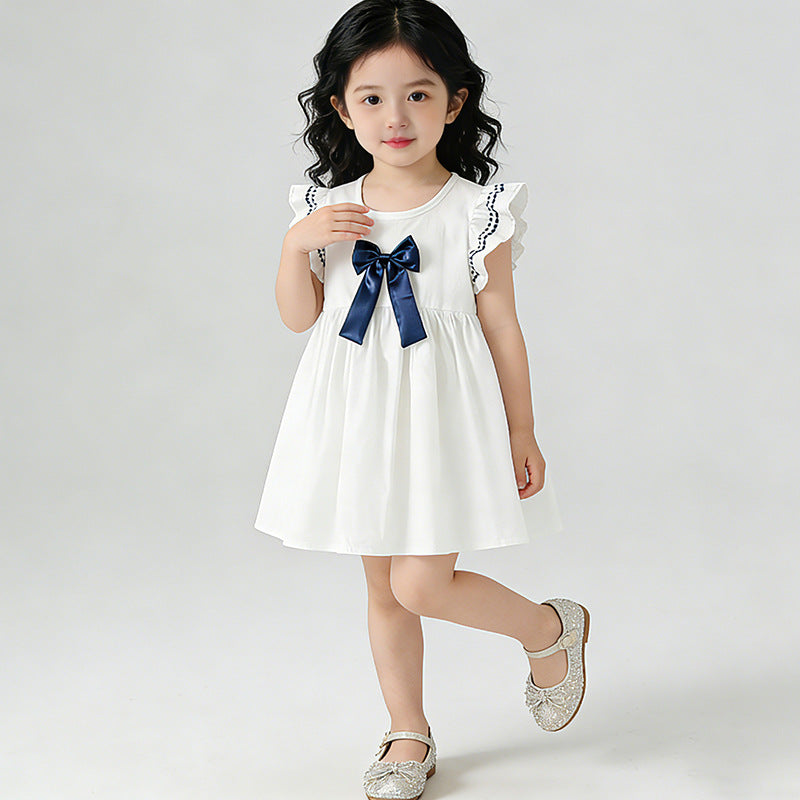 Girls' dress  new summer collection: stylish and chic princess dress for baby girls, featuring bow detail and flutter sleeves